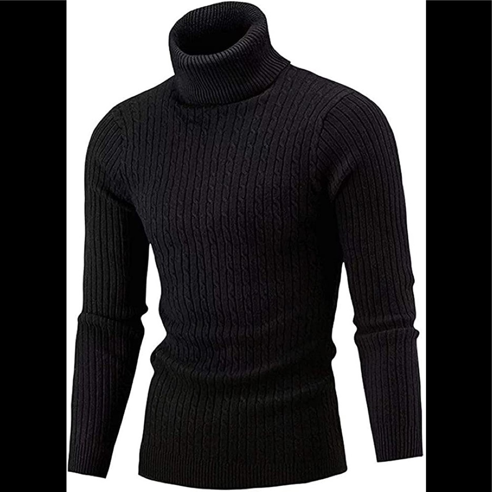 New Mens Turtleneck Thermal Lightweight Patterned Sweater Multiple Sizes Black